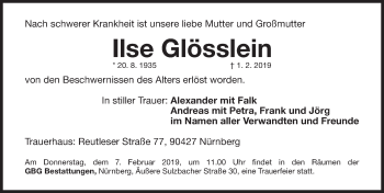 Traueranzeige von Ilse Glösslein von Gesamtausgabe Nürnberger Nachrichten/ Nürnberger Ztg.
