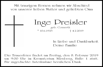 Traueranzeige von Inge Preisler von Gesamtausgabe Nürnberger Nachrichten/ Nürnberger Ztg.