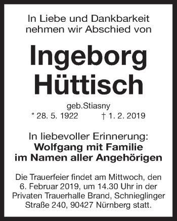 Traueranzeige von Ingeborg Hüttisch von Gesamtausgabe Nürnberger Nachrichten/ Nürnberger Ztg.