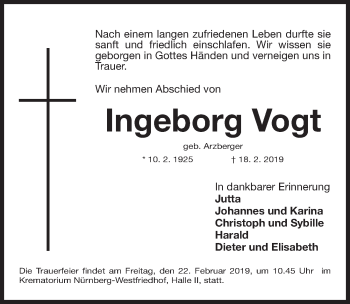 Traueranzeige von Ingeborg Vogt von Gesamtausgabe Nürnberger Nachrichten/ Nürnberger Ztg.