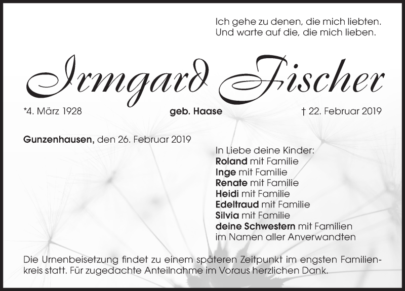  Traueranzeige für Irmgard Fischer vom 26.02.2019 aus Altmühl-Bote Lokal