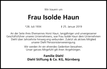 Traueranzeige von Isolde Haun von Gesamtausgabe Nürnberger Nachrichten/ Nürnberger Ztg.