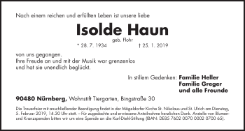 Traueranzeige von Isolde Haun von Gesamtausgabe Nürnberger Nachrichten/ Nürnberger Ztg.