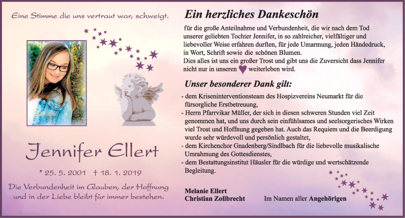  Traueranzeige für Jennifer Ellert vom 18.02.2019 aus Neumarkter Nachrichten Lokal