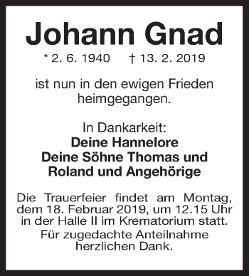 Traueranzeige von Johann Gnad von Gesamtausgabe Nürnberger Nachrichten/ Nürnberger Ztg.