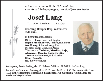 Traueranzeige von Josef Lang von Neumarkter Nachrichten Lokal