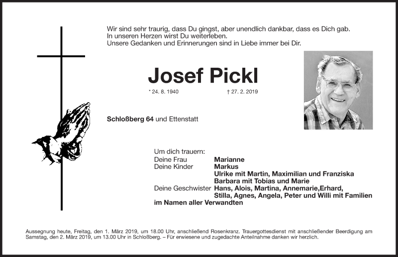  Traueranzeige für Josef Pickl vom 01.03.2019 aus Roth-Hilpoltsteiner Volkszeitung Lokal