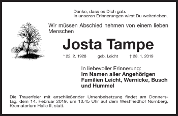 Traueranzeige von Josta Tampe von Gesamtausgabe Nürnberger Nachrichten/ Nürnberger Ztg.