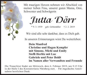 Traueranzeige von Jutta Dörr von Gesamtausgabe Nürnberger Nachrichten/ Nürnberger Ztg.