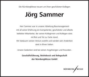 Traueranzeige von Jörg Sammer von Gesamtausgabe Nürnberger Nachrichten/ Nürnberger Ztg.