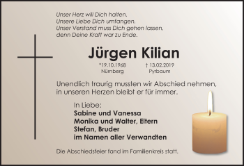 Traueranzeige von Jürgen Kilian von Gesamtausgabe Nürnberger Nachrichten/ Nürnberger Ztg.