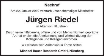 Traueranzeige von Jürgen Riedel von Gesamtausgabe Nürnberger Nachrichten/ Nürnberger Ztg.