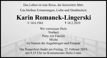 Traueranzeige von Karin Romanek-Lingerski von Gesamtausgabe Nürnberger Nachrichten/ Nürnberger Ztg.