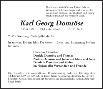Traueranzeige von Karl Georg Domröse  von Gesamtausgabe Nürnberger Nachrichten/ Nürnberger Ztg.