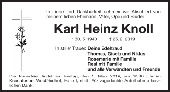 Traueranzeige von Karl Heinz Knoll  von Gesamtausgabe Nürnberger Nachrichten/ Nürnberger Ztg.