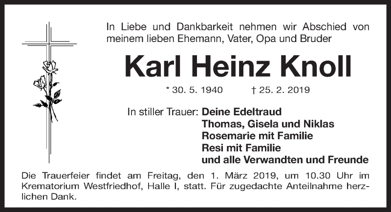  Traueranzeige für Karl Heinz Knoll  vom 27.02.2019 aus Gesamtausgabe Nürnberger Nachrichten/ Nürnberger Ztg.
