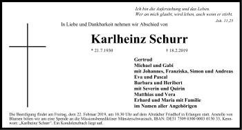 Traueranzeige von Karlheinz Schurr von Erlanger Nachrichten Lokal