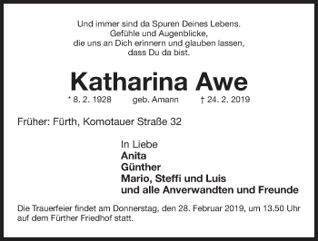 Traueranzeige von Katharina Awe von Fürther Nachrichten Lokal