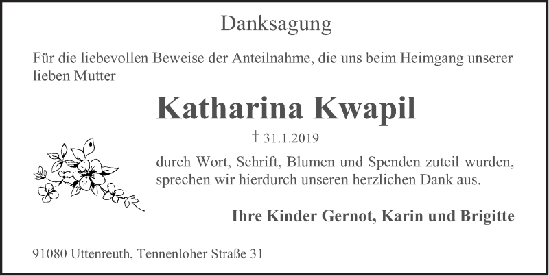  Traueranzeige für Katharina Kwapil vom 16.02.2019 aus Erlanger Nachrichten Lokal