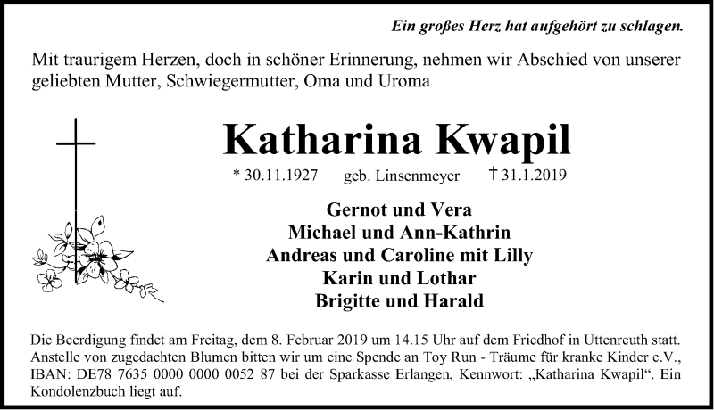  Traueranzeige für Katharina Kwapil vom 05.02.2019 aus Erlanger Nachrichten Lokal