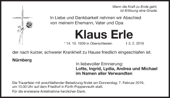 Traueranzeige von Klaus Erle von Gesamtausgabe Nürnberger Nachrichten/ Nürnberger Ztg.