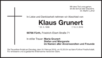 Traueranzeige von Klaus Grunert von Fürther Nachrichten Lokal