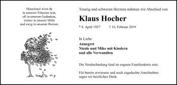 Traueranzeige von Klaus Hocher von Gesamtausgabe Nürnberger Nachrichten/ Nürnberger Ztg.