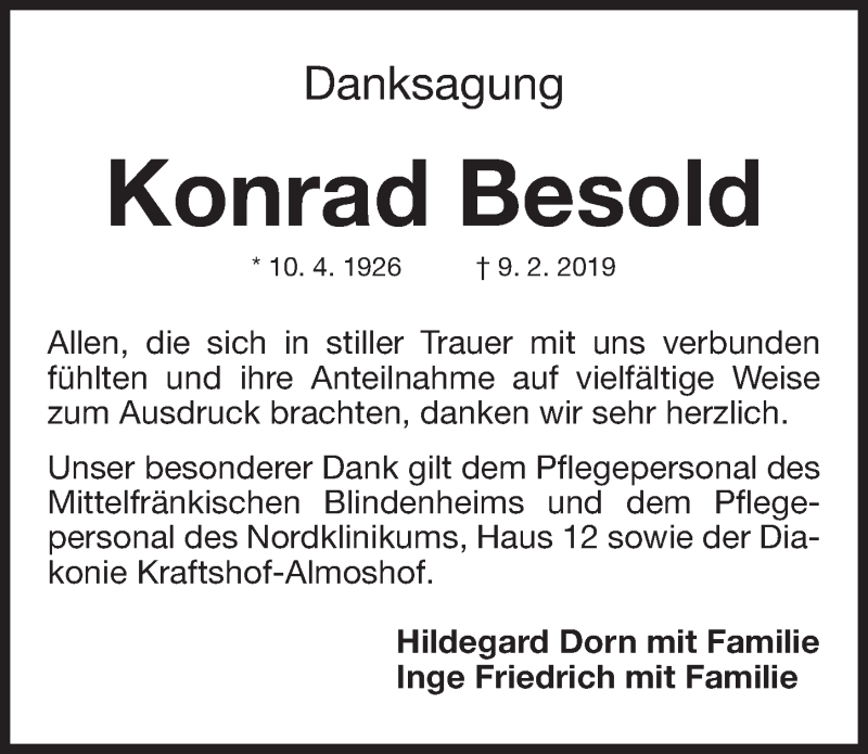  Traueranzeige für Konrad Besold vom 16.02.2019 aus Gesamtausgabe Nürnberger Nachrichten/ Nürnberger Ztg.