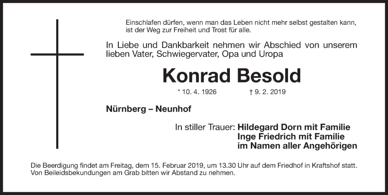  Traueranzeige für Konrad Besold vom 13.02.2019 aus Gesamtausgabe Nürnberger Nachrichten/ Nürnberger Ztg.