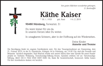 Traueranzeige von Käthe Kaiser von Gesamtausgabe Nürnberger Nachrichten/ Nürnberger Ztg.