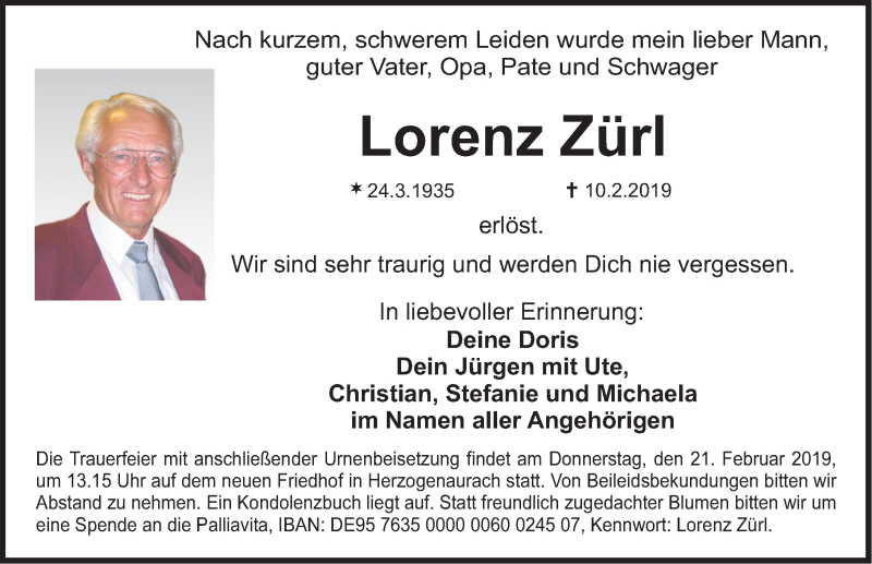  Traueranzeige für Lorenz Zürl vom 16.02.2019 aus Nordbayerische Nachrichten Herzogenaurach Lokal