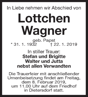 Traueranzeige von Lottchen Wagner von Gesamtausgabe Nürnberger Nachrichten/ Nürnberger Ztg.