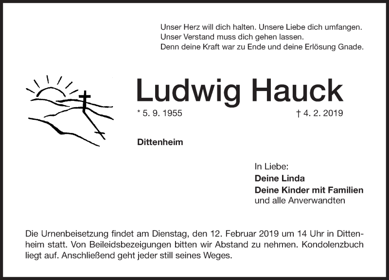  Traueranzeige für Ludwig Hauck vom 09.02.2019 aus Altmühl-Bote Lokal