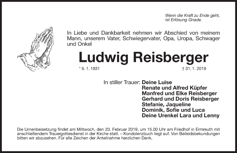  Traueranzeige für Ludwig Reisberger vom 18.02.2019 aus Nordbayerische Nachrichten Forchheim Lokal