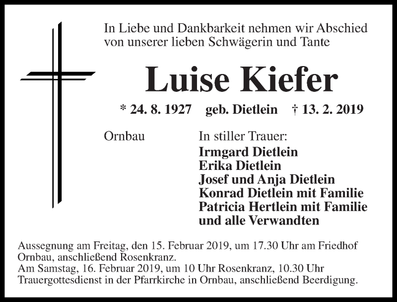  Traueranzeige für Luise Kiefer vom 15.02.2019 aus Altmühl-Bote Lokal