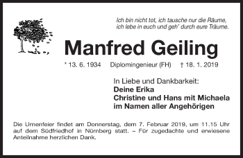 Traueranzeige von Manfred Geiling von Gesamtausgabe Nürnberger Nachrichten/ Nürnberger Ztg.