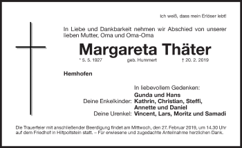 Traueranzeige von Margareta Thäter von Nordbayer. Nachrichten Herzogenaurach/ Nordbayer. Nachrichten Forchheim