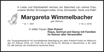 Traueranzeige von Margareta Wimmelbacher von Nordbayerische Nachrichten Forchheim Lokal