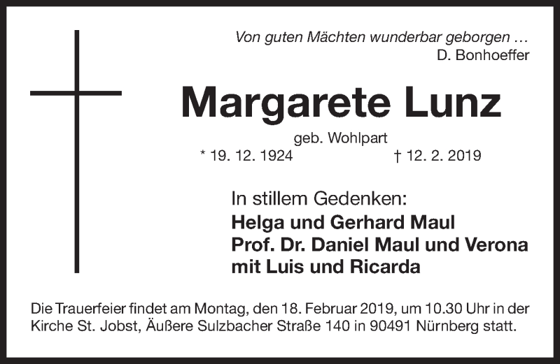  Traueranzeige für Margarete Lunz vom 15.02.2019 aus Gesamtausgabe Nürnberger Nachrichten/ Nürnberger Ztg.