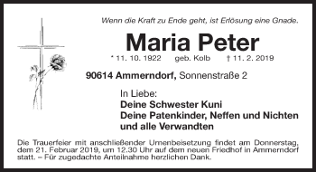 Traueranzeige von Maria Peter von Fürther Nachrichten Lokal