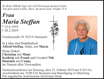 Traueranzeige von Maria Steffan von Neumarkter Nachrichten Lokal
