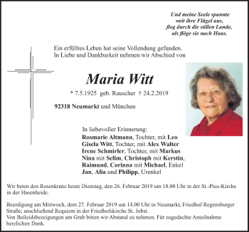 Traueranzeige von Maria Witt von Neumarkter Nachrichten Lokal
