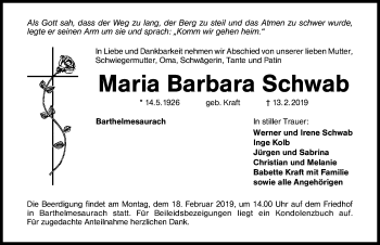 Traueranzeige von Maria Barbara Schwab von Schwabach