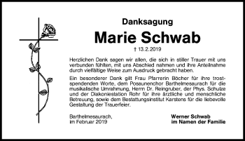 Traueranzeige von Marie Schwab von Schwabach