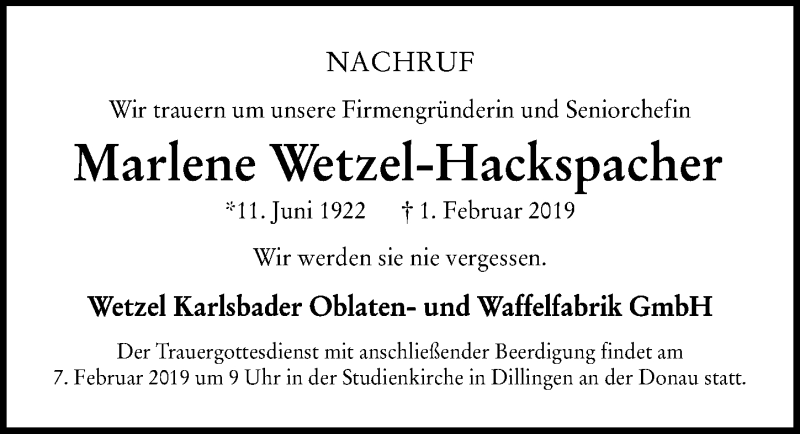  Traueranzeige für Marlene Wetzel-Hackspacher vom 05.02.2019 aus Gesamtausgabe Nürnberger Nachrichten/ Nürnberger Ztg.