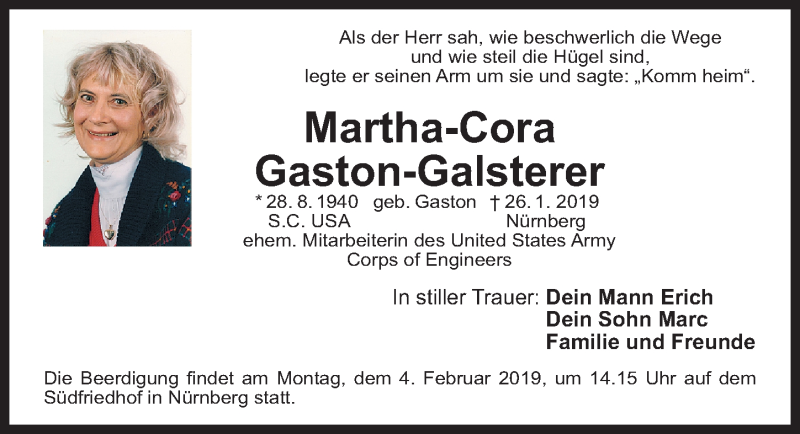  Traueranzeige für Martha-Cora Gaston-Galsterer vom 02.02.2019 aus Gesamtausgabe Nürnberger Nachrichten/ Nürnberger Ztg.