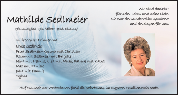 Traueranzeige von Mathilde Sedlmeier von Neumarkter Nachrichten Lokal