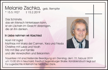 Traueranzeige von Melanie Zischka von Neumarkter Nachrichten Lokal