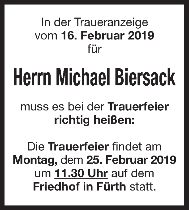  Traueranzeige für Michael Biersack vom 19.02.2019 aus Fürther Nachrichten Lokal