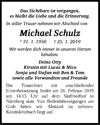 Traueranzeige von Michael Schulz von Gesamtausgabe Nürnberger Nachrichten/ Nürnberger Ztg.
